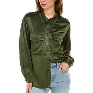 Nation LTD Delaney Satin Top Los Angeles Blouse Button Up Down Shirt Army Green